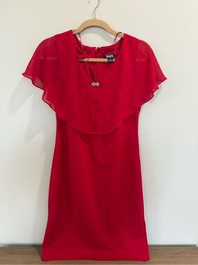 SLNY Red Chiffon Evening Dress with Rhinestone Accent